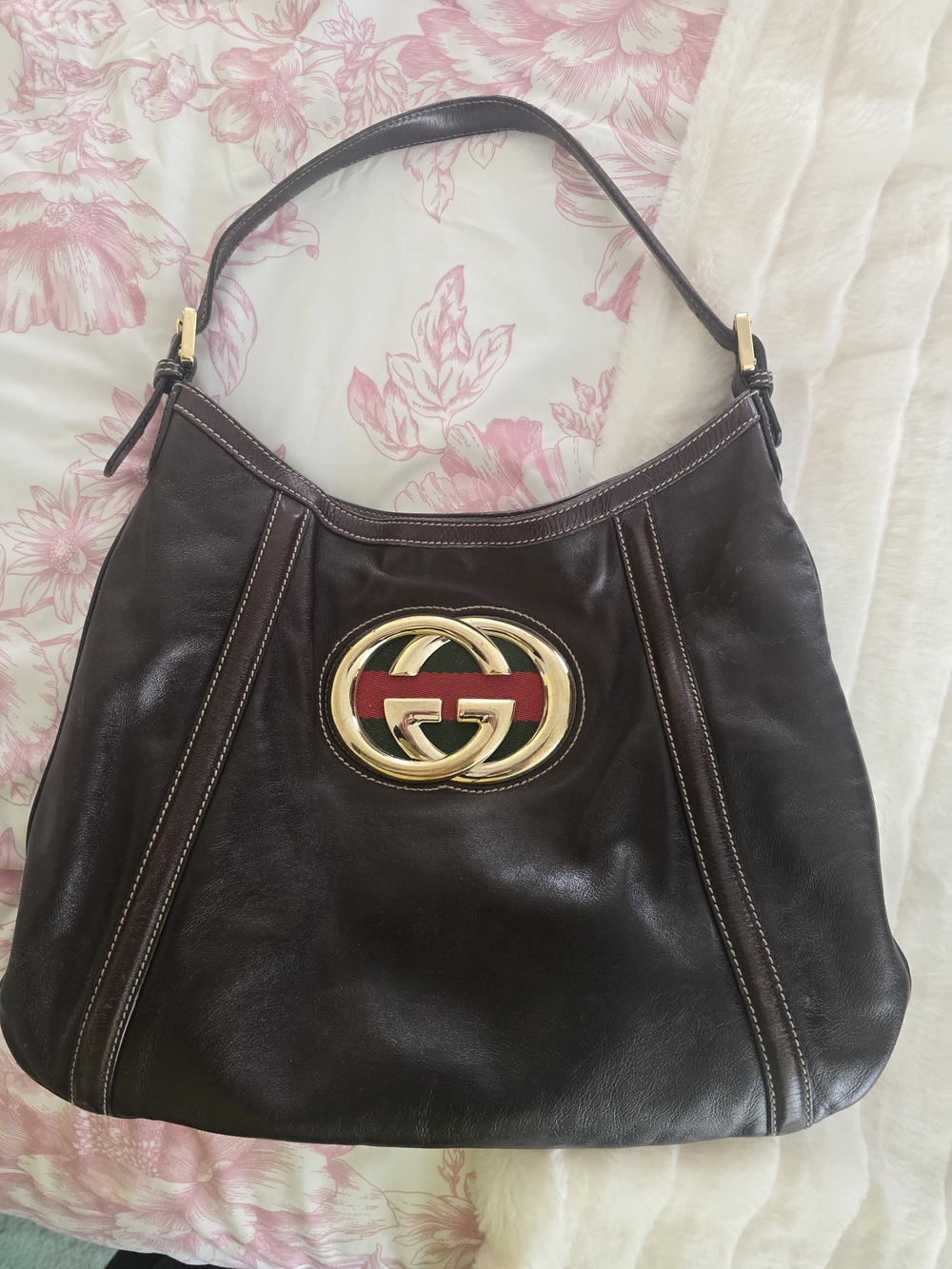 Gucci Brown Leather Hobo Bag with Gold GG Logo